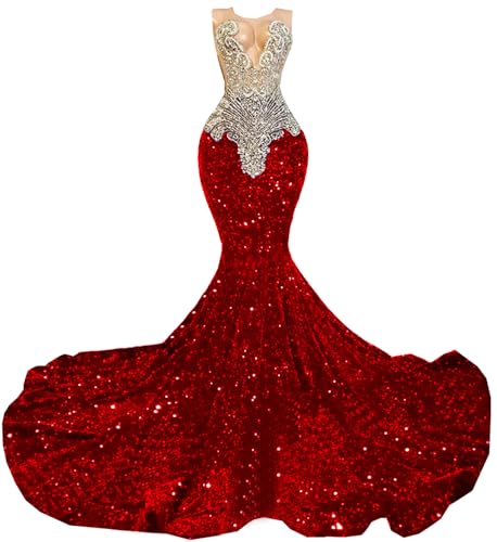 Ikerenwedding Sparkly Prom Dress Beaded Sequin Pageant Celebrity Gala Mermaid Evening Party Dress Red US4