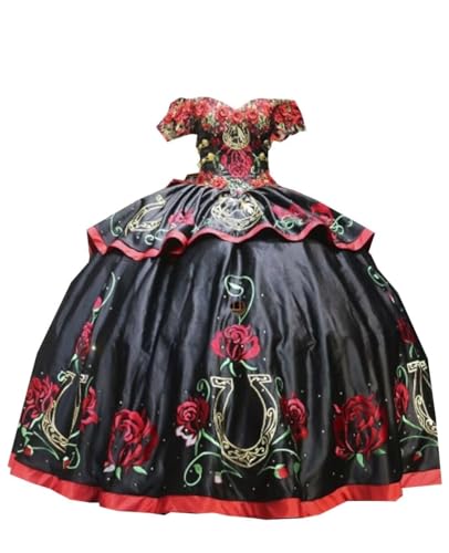 Red Gold Floral Flower Patterned Embroidery Mexican Charo XV Ball Gown Masquerade Quinceaner Queen Sweet 16 Dresses for Women Junior Kids Cocktail Party Prom Dress Black Gothic 12