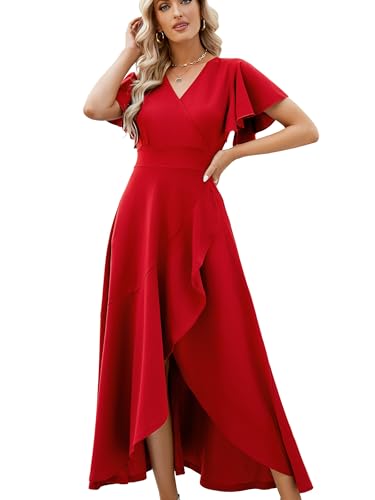 ZZV Formal Dresses For Women Gowns Evening V Neck Wedding Guest Dress-Solid | A-line Homecoming Dresses Maxi Wedding Guest Dresses For Women Ruffle Skirts casual bridal shower dress-Bright red-3XL