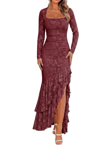 Women's Elegant Fall Wedding Guest Long Sleeve Maxi Dress,XS,Wine Red | Floral, Mermaid Ruffle, Square Neck, Ruched Mesh,Winter, Cocktail Party Forma, Long Dresses