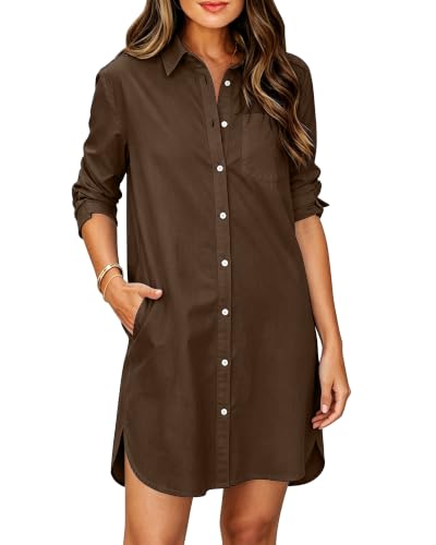 Aoudery Women Business Button Down Shirt Dresses with Pockets Casual High Low Dress - Brown L