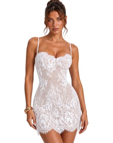 EDECPBM Lace Mini Cocktail Dress for Women Corset Bodycon Short Wedding Dress White