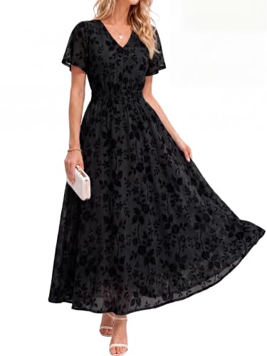 Simplee Womens Formal Fall Floral Mesh Wedding Guest Maxi Dresses Black