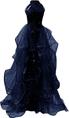 Zeeyecie Sequin High Neck Navy Blue Prom Dresses 2026 Sparkly Tulle Ball Gowns A Line Wedding Evening Formal Party Dress US8