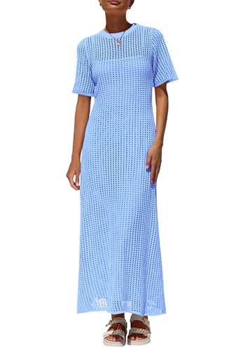 PRETTYGARDEN Womens Eyelet Crochet Maxi 2 Piece Dress Sets,Light Blue,M