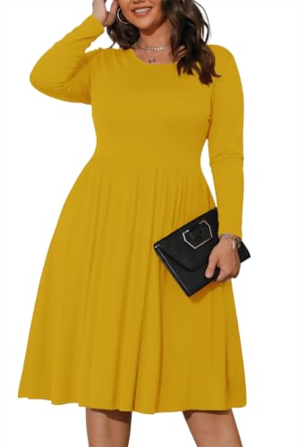 POSESHE Womens Plus Size Dresses Long Sleeve Crew Neck Loose Tshirt Dress Dress with Pockets,Yellow,3XL