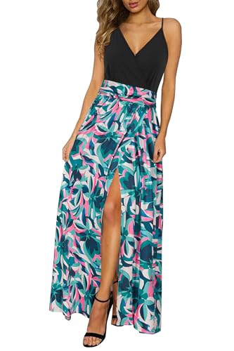 Newshows Women's 2026 Summer Maxi Dress Spaghetti Strap Spring Casual Boho V Neck Split Beach Long Flowy Wedding Guest Dresses Semi Formal Trendy(Multicolor Green Flowers,L)