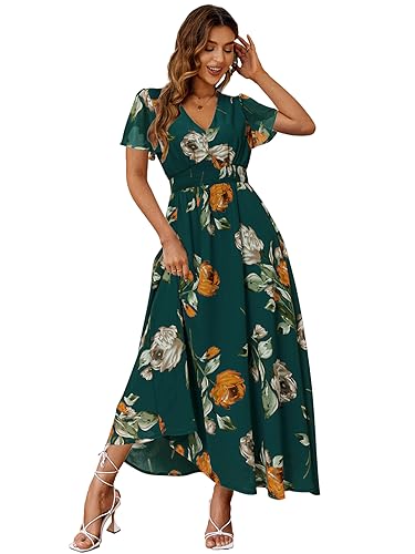 Simplee Women Casual Boho Floral Maxi Dress Flowy Long Wedding Guest Dress Holiday Beach V Neck Short Sleeve Maternity Dresses (XL Emerald Green)