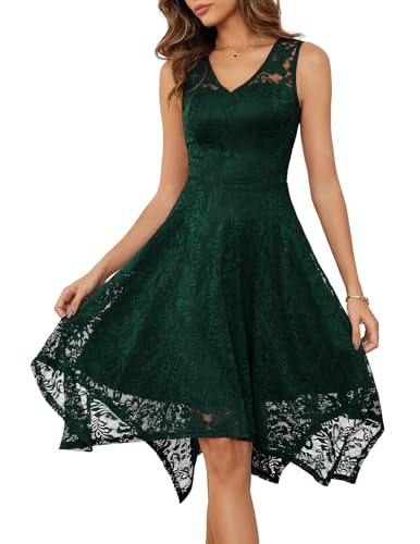Meetjen Women's Formal Party Lace Cocktail Dresses Summer Asymmetrical Prom Sleeveless V-Neck Prom Dress DarkGreen XL