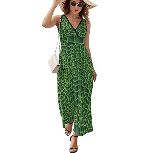 Crocodile Alligator Print Sleeveless Maxi Dresses Casual Beach Long Sundresses with Cross V Neck for Women Summer XL