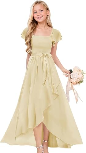 Junior Champagne Bridesmaid Dresses Short Sleeves Formal Dress for Girls Ruffle Chiffon Flower Girl Dresses TJ26 3