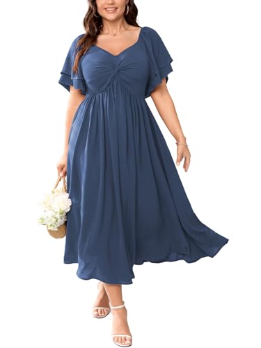 SCOMCHIC Women's Plus Size Cocktail Dress Dusty Blue | Wedding Guest Sweetheart Neckline Ruffle Sleeve A Line Maxi Dress XL