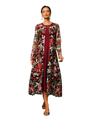 Women's Maxi Dresses 2 Piece Outfit Wedding Guest Cocktail Tea Party Dress Ruffle Lace Floral Casual Formal Evening Dress Burgundy