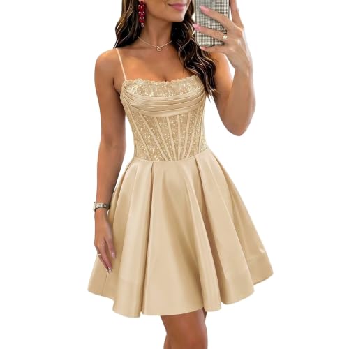 BABYONLINE D.R.E.S.S. Satin Sequin Homecoming Dress Spaghetti Straps A Line DAMA Dresses Short HOCO Dresses Champagne M