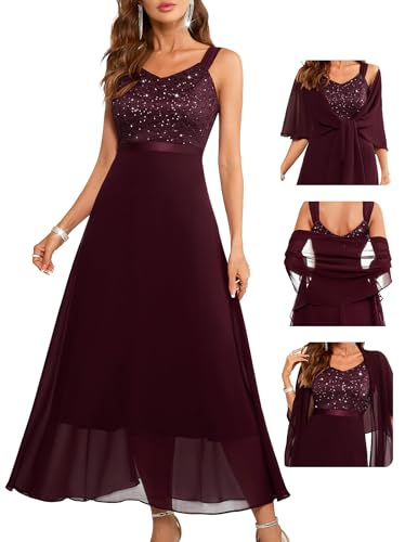 Elegant Sequin Lace Gown Sleeveless Formal Evening Party Dress Burgundy L | Formal Evening Maxi Gown with Sequin Lace, 2 Piece Chiffon Shawl Set, High Waist A Line for Cocktail Dinner Parties