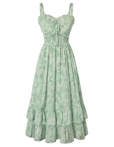 Women's Floral Dress Smocked Sundress with Pockets Green Roses Floral L