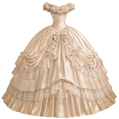 Mauuwy Champagne Vintage Medieval Wedding Dress Off Shoulder Lolita Style Lace Quinceanera Dresses with Bow Beaded Victorian Dress for Women Size 6