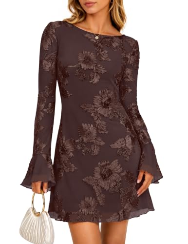 ZESICA Women's 2026 Fall Wedding Guest Cocktail Mini Dress Coffee L