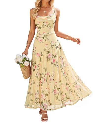 ZESICA Women's Summer Mesh Floral Sleeveless Wedding Guest Dress Yellow XL