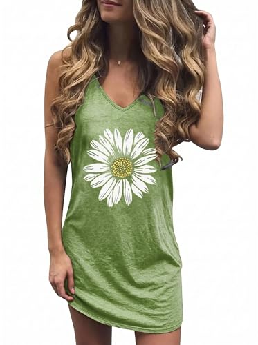 Live Simple Coconut Tree Sleeveless Dress Sunshine Sand Beach Women's Summer Casual V Neck Mini Dress(X-Large,Green-02)