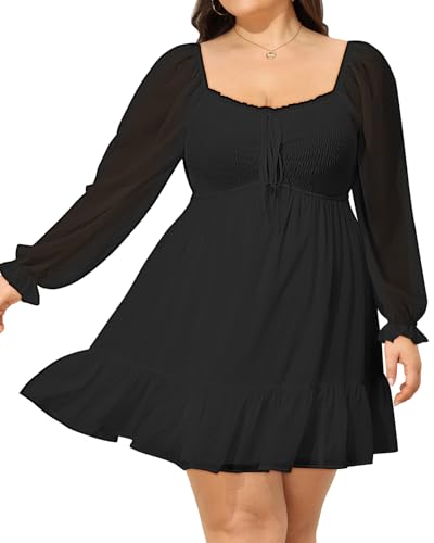 Talisea Plus Size Womens Sweetheart Neckline Dress Black Puff Long Sleeve Smocked Chiffon Party A Line Cute Mini Dresses