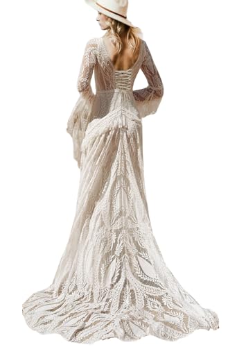 Ayervici V Neck Lace Wedding Dress Bell Sleeves Tasseled Boho Bridal Gown