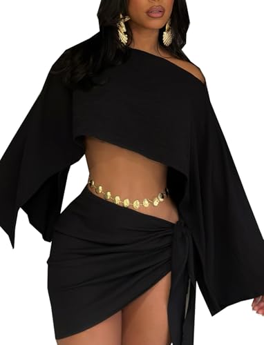 JYAOVO Women's 2 Piece Outfits Batwing Off Shoulder Irregular Crop Top and Mini Skirt Set Sexy Matching Skirt Sets Black Size M