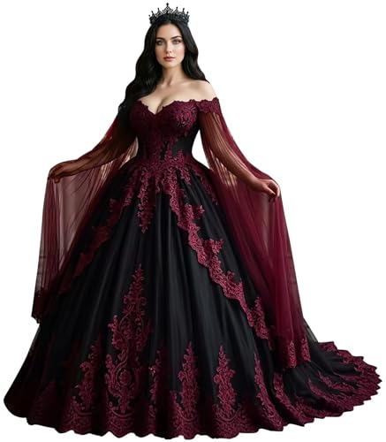 Mouccy Women's Off Shoulder Wedding Gowns with Train Black Burgundy 2026 | Gothic Lace Tulle Bridal Gown with Sleeves, off Shoulder Vintage Prom Dress, Sweetheart Dark Romantic Wedding Dress, Size 6
