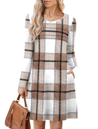 OFEEFAN Dresses for Women 2026 Womens Fall Dresses Long Sleeve Dress Crewneck Winter Fasion Work Dress Brown Grid X-Large