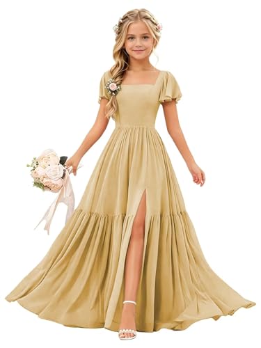 Gnleyane Chiffon Junior Bridesmaid Dresses for Wedding Square Neck Champagne Flower Girl Dress Girls First Communion Dresses Size 8