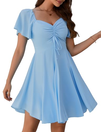 Florboom Women's Summer Sweetheart Neckline Mini Dress Sexy Swing Flutter Short Sleeve Beach Dresses (Blue, M)