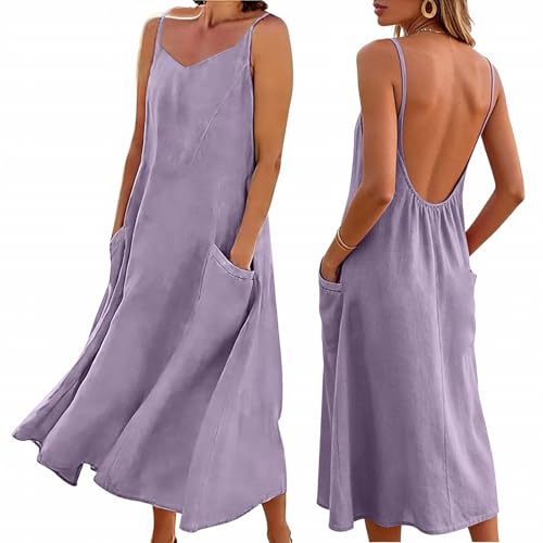 Cotton Linen Dresses for Women 2026 Backless Cami House Lounge Dress Summer Sleeveless Open Back Maxi Skirts Pocket Spaghetti Strap Flowy Long Beach Sundresses Over 50 Plus Size Ladies Clothing Purple
