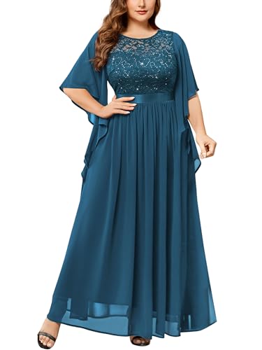 Miusol Plus Size Sequin Lace Cape Sleeve Formal Evening Gown Maxi Dress