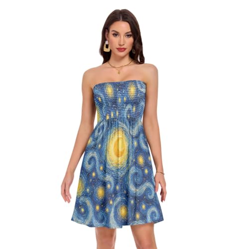 Emelivor Moon Stars Tube Top Sundress Tropical Beach Dresses for Daily