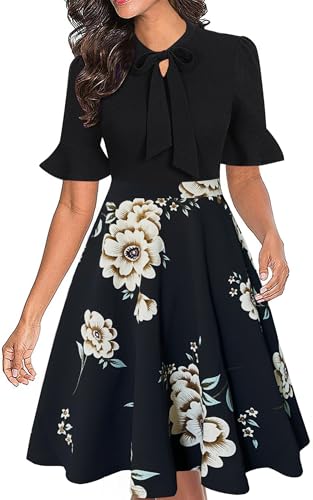Women Dresses that Hide Tummy Bugle Spring Wedding Guest Elegant Classy Semi Formal Fit and Flare Flowy A Line Short Sleeve Knee Length Retro Cocktail Tea Party Summer Dress M