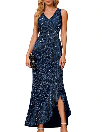 Sequin Homecoming V Neck Ruched Long Formal Prom Evening Gown Navy M
