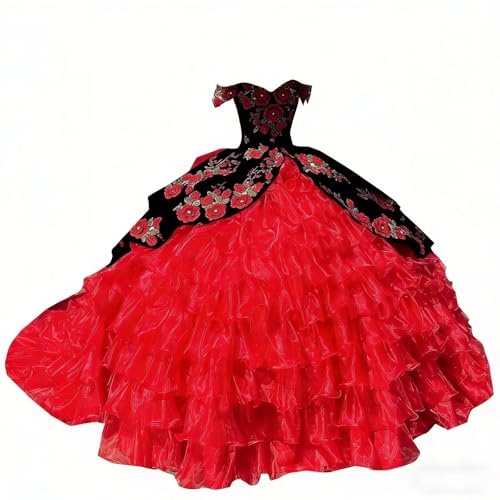Pearl Floral Flower Pattern Embellishment Ball Gown Quinceanera Prom Wedding Dresses Country Black and Red Lace Ruffles Off the Shoulder with Sleeves Mexican Style 2