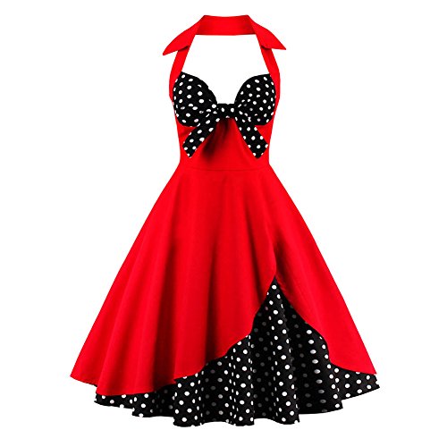 Women Vintage 1950s Rockabilly Swing Dress 50s Pinup Retro Hepburn Style A-Line Halterneck Floral Dresses Red Dots M