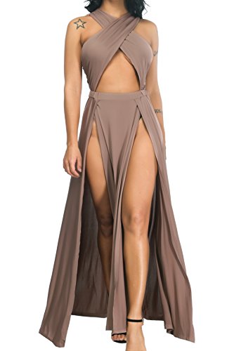 Velius Women Sexy Hollow Out Halter Wrap Sleeveless Plain Pleated Slit Casual Long Maxi Dress (X-Large, Apricot)