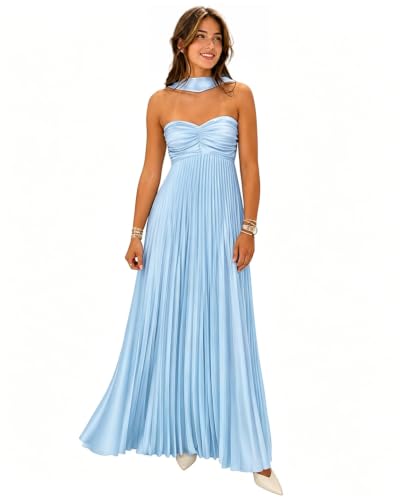GRMLRPT Women Bridesmaid Dress with Scarf Strapless Pleated Formal Dresses | Satin Elegant Corset Floor Length Evening Gown Prom Wedding Guest Maxi Dress,Blue