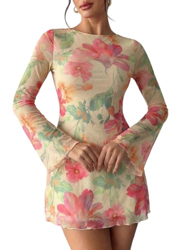 Milumia Women's Floral Long Sleeve Mini Dress 70s Going out Dresses