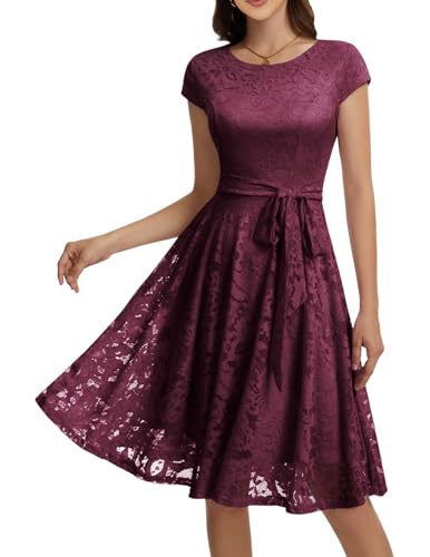 MUADRESS Floral Lace Cocktail Dress Cap Sleeve Bridesmaid Prom Burgundy M