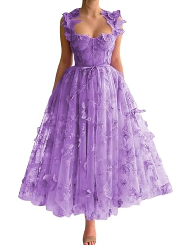 Women's 3D Butterfly Elegant Prom Dresses 2025 Tea Length Embroidery Fairy Birthday Graduation Homecoming Party Cocktail Evening Gowns for Teens