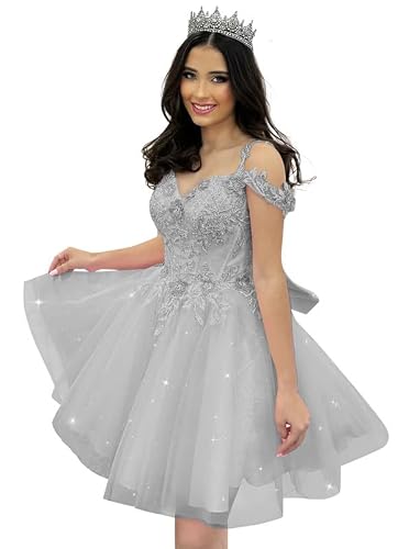 KPDFIF Princess Sequin 3D Flowers Homecoming Dresses Silver Size 08