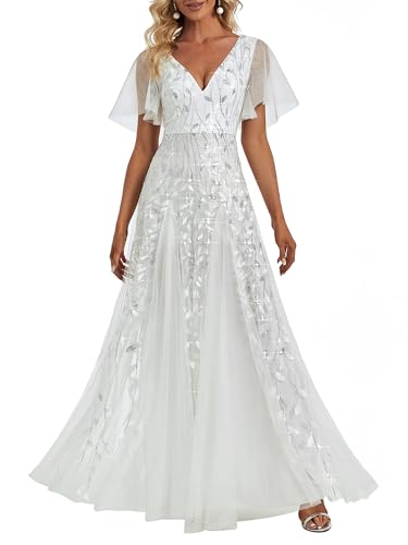 Ever-Pretty Women's Sequin V-Neck Formal Mother of the Bride Dresses White