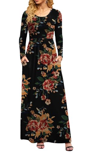 DB MOON Women Plus Size Casual Long Sleeve Maxi Dresses Empire Waist Long Dress with Pockets Brown Floral Black 2XL