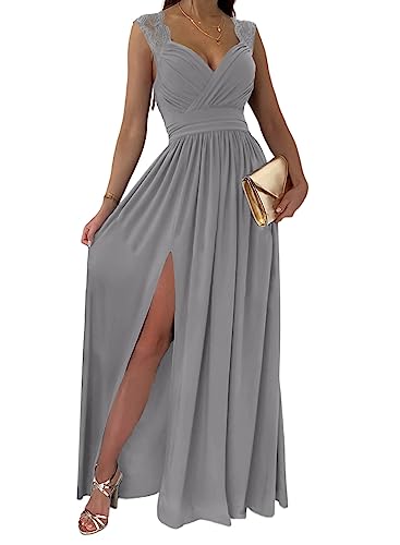 Dokotoo Womens Ladies Elegant Floor Length A Line Wrap Deep V Neck Backless Ruched Pleated Ruffled Split Long Maxi Formal Evening Party Prom Dress Bridesmaid Wedding Guest Dresses for Women Gray S