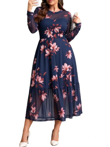 RWJ Plus Size Women Formal Wedding Guest Dress Evening Navy Pink Floral XL | Elegant Cocktail Dresses, Long Sleeve Tea Length, Floral Mesh Fabric, Fall 2026, Mother of the Bride, Night Out Party, Dating