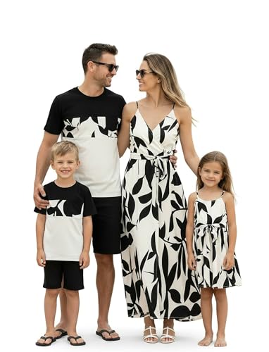 PATPAT Family Matching Hawaiian Outfits: Women Tropical Floral V Neck Spaghetti Strap Dress - Mommy and Me Matching Casual Dresses for Summer Vacation Beach Luau Cruise, Black Palm Leaves Women XL