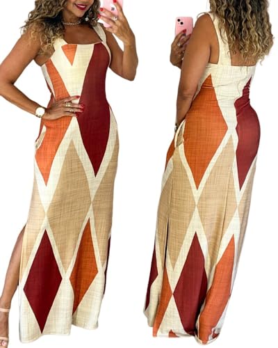CHICME Maxi Dresses for Women Strap Square Boho Dress-Multicolor-M
